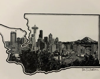PRINT Drawing of Washington State Outline - Kerry Park, Seattle, WA