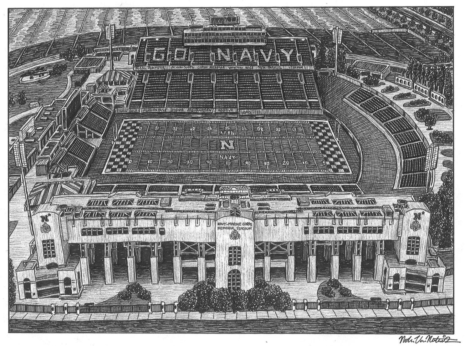 PRINT Drawing of Navy-Marine Corps Memorial Stadium, US Navy Naval Academy Football, Midshipmen, Annapolis Maryland