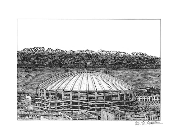 PRINT Drawing of Seattle King Dome Mariners Seahawks Stadium