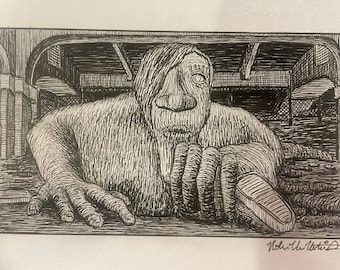 PRINT Drawing of Fremont Troll - Aurora Bridge, Seattle, WA