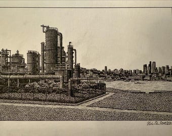PRINT Drawing of Gasworks Park, Lake Union, Seattle, WA Washington