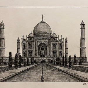 May include: A black and white pen and ink drawing of the Taj Mahal, a famous mausoleum in India. The drawing depicts the main building with its central dome and four minarets, surrounded by a reflecting pool and gardens.
