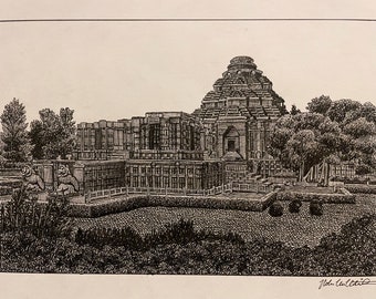 PRINT Drawing of the Konark Sun Hindu Temple, Puri, Odisha, India