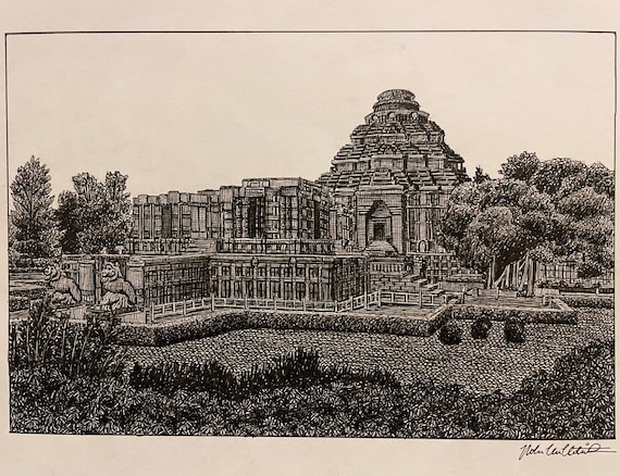 PRINT Drawing of the Konark Sun Hindu Temple, Puri, Odisha, India