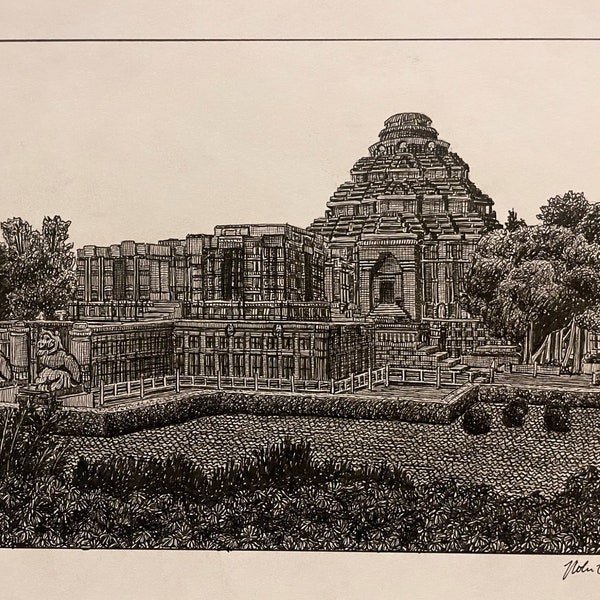 PRINT Drawing of the Konark Sun Hindu Temple, Puri, Odisha, India