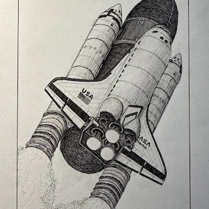 May include: Detailed pen and ink illustration of the Space Shuttle Atlantis launching. The spacecraft is depicted with the USA and NASA logos, with exhaust plumes billowing from the rocket boosters. The artwork is signed in the lower right corner.
