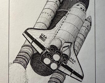 PRINT Drawing of NASA Space Shuttle Atlantis, Rocket Launch 1985, Kennedy Space Center Florida
