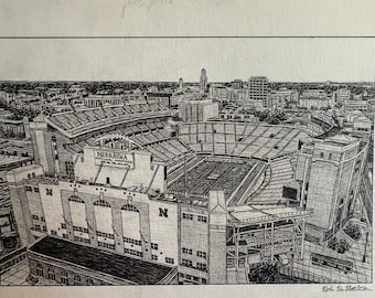 PRINT Drawing of Memorial Stadium, Nebraska Cornhuskers, Lincoln NE