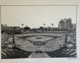 PRINT Drawing of Vanderbilt University Baseball Stadium - Hawkins Field, Nashville Tennessee - Vandy Boys
