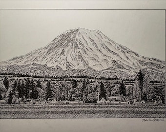 PRINT Drawing of Mount Rainier National Park, WA Washington State