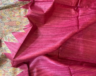 Madhubani Saree with Bird & Fish Motifs on Magenta Ghicha Tassar
