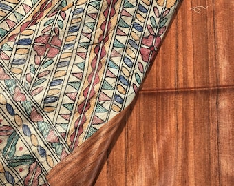 Rust Orange Madhubani Saree with Peacock Designs on Ghicha Tassar