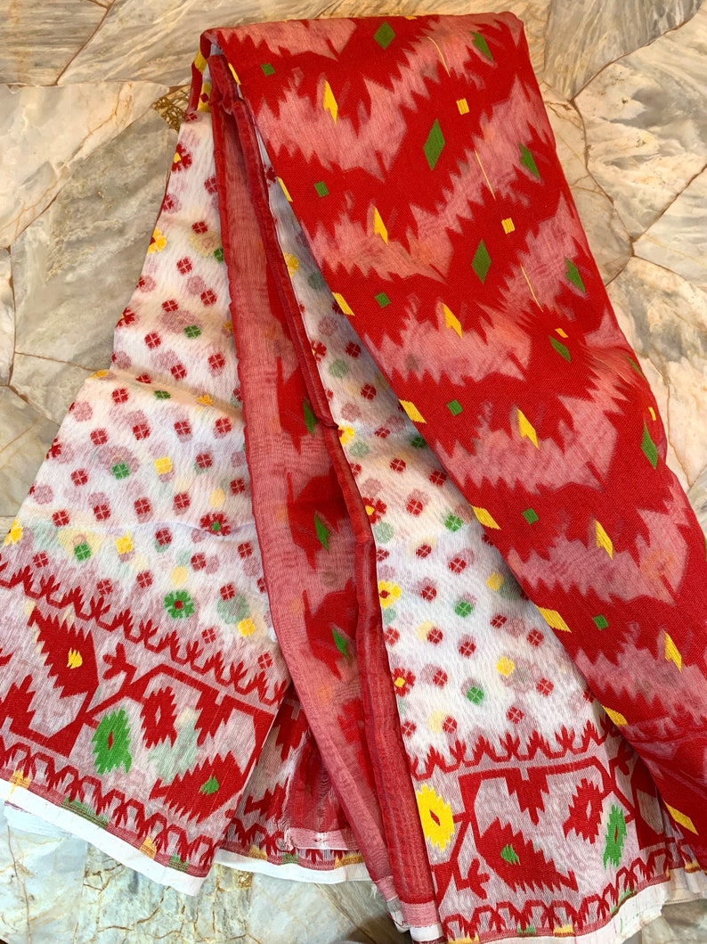 Red /& White Cotton Hand-woven Jamdani Saree with Multi-colored Motifs