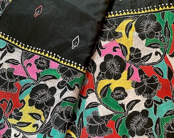 Hibiscus Flower Designs Made With Kantha Stitches on Black Bangalore Silk Saree