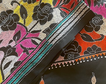 Rose Motifs Made With Kantha Stitches on Black Bangalore Silk Saree