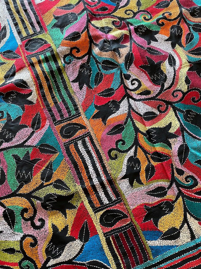 Tulip Motifs Made With Kantha Stitches on Black Bangalore Silk Saree