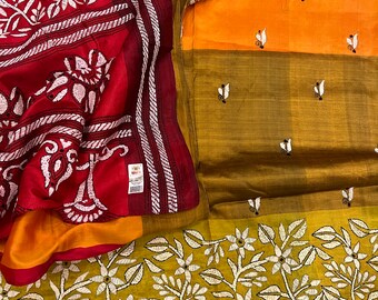 Multi-colored Katan Silk Saree with Kantha Stitches of White Flower Motifs
