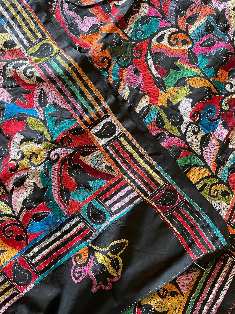 Tulip Motifs Made With Kantha Stitches on Black Bangalore Silk Saree