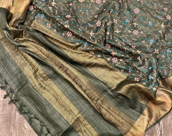 Green Colored Embroidered Tassar Silk Saree