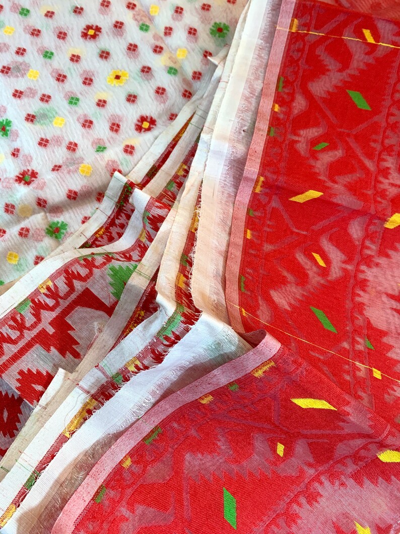 Red /& White Cotton Hand-woven Jamdani Saree with Multi-colored Motifs