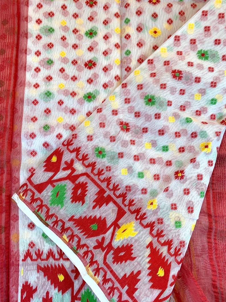 Red /& White Cotton Hand-woven Jamdani Saree with Multi-colored Motifs