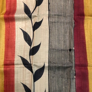 Hand-painted Tassar Silk Saree with Black & White Stripes in Anchaal
