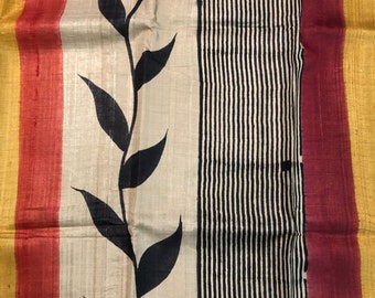 Hand-painted Tassar Silk Saree with Black & White Stripes in Anchaal