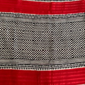 Ethnic Patterns Block Printed on Matka Silk Saree in White, Black, and ...