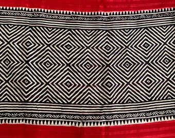 Ethnic Patterns Block Printed on Matka Silk Saree in White, Black, and Red