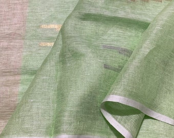 Pastel Green Handloom Linen Saree with Gold and Silver Thread Work with Light Pink Anchaal