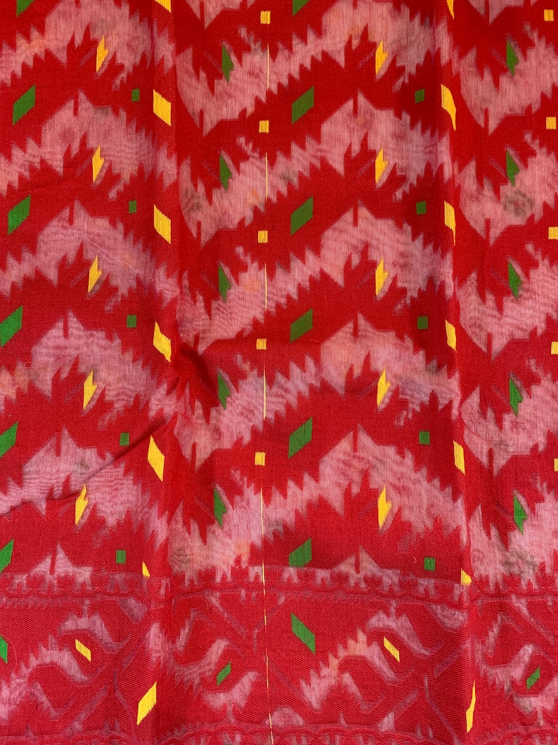 Red /& White Cotton Hand-woven Jamdani Saree with Multi-colored Motifs