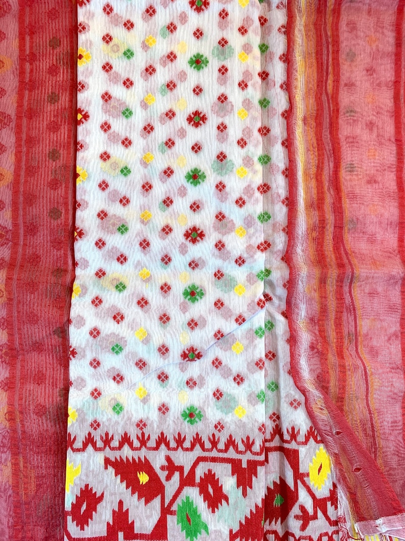 Red /& White Cotton Hand-woven Jamdani Saree with Multi-colored Motifs