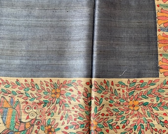 Madhubani Saree with Radha, Krishna, Birds & Vines Motifs on Black Ghicha Tassar