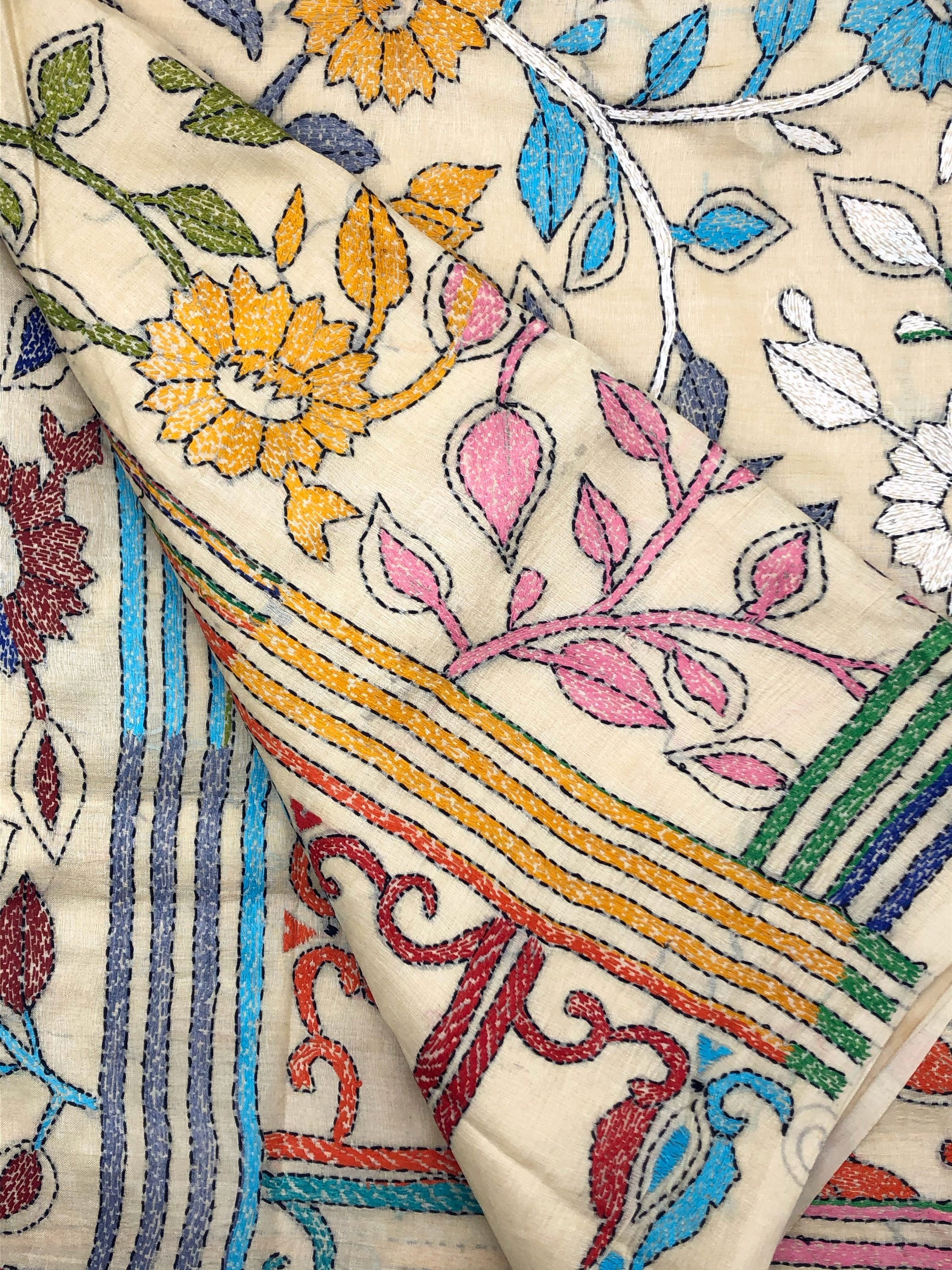 Colorful Flowers and Leaves Made with Kantha Stitches on White Tassar Silk