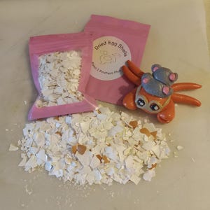 May include: A close-up shot of dried eggshells, some in a pink bag, and a small orange and gray figurine. The bag has the text "Dried Egg Shells" and "Paws 2 Pinchers Plus". The eggshells are white with some brown flecks.