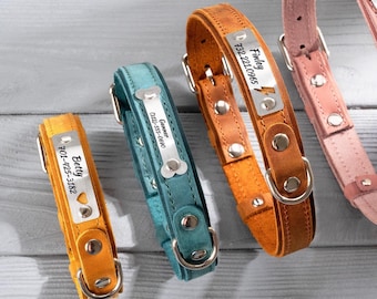 Personalized Leather Dog Collar, Engraved Stainless Steel Name Plate