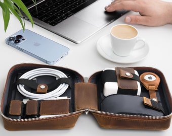 Electronic Travel Case leather Tech Case Airtag compatible Electronics Cable Pouch Electronic Gadgets Organizer Travel Accessories Storage