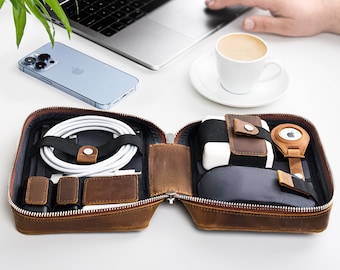 Travel Cord Organizer Leather Tech Case with AirTag Holder, Personalized Cable Holder, Gift for Men, Ideal for Travel Accessories