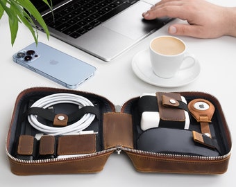 Travel Cord Organizer Leather Cable Organizer Accessories Bag 3-rd Anniversary gift  for him Digital Gadgets Case