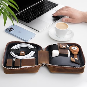 Travel Cord Organizer Leather Tech Case with AirTag Holder, Personalized Cable Holder, Gift for Men, Ideal for Travel Accessories