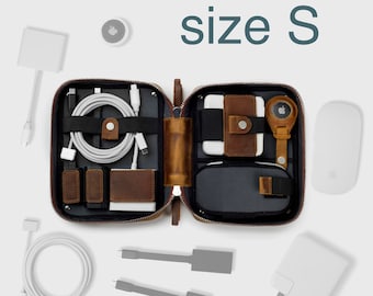 Custom Leather Travel Cable and Charger Organizer Bag Personalized with name/monogram | Apple-compatible zipper storage for tech accessories