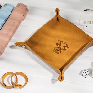 Personalized Dice Tray with detachable straps, Scroll of Rolling, DnD Gift | Custom leather Dice Rolling Trays, Gifts for Friends