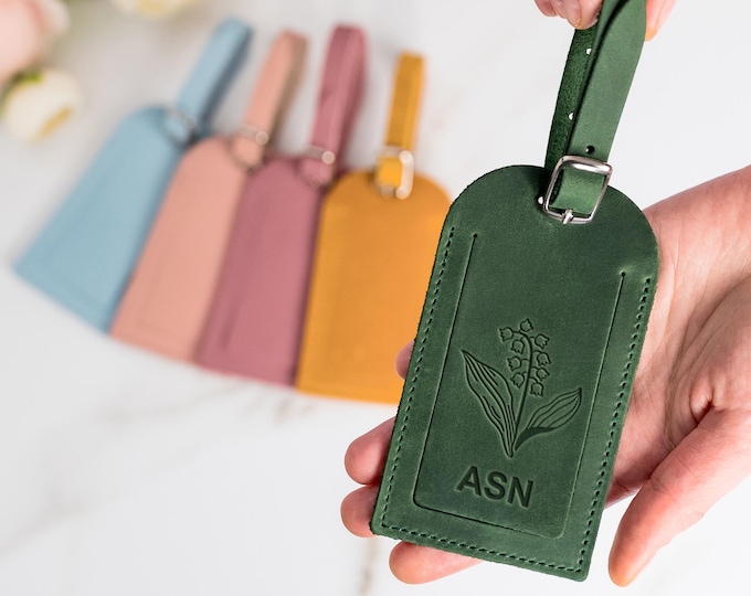 Personalized Leather Luggage Tag with Birth Month Flower - Custom Travel Gift, personalized travel leather accessories, preppy gift for her