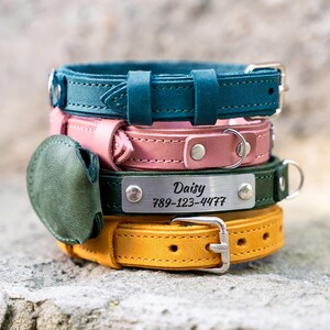 Op de afbeelding: Een stapel van vier leren hondenhalsbanden in teal, roze, groen en geel. De groene halsband heeft een metalen naamplaatje met "Daisy" en een telefoonnummer. Elke halsband heeft een metalen gesp en een D-ring.