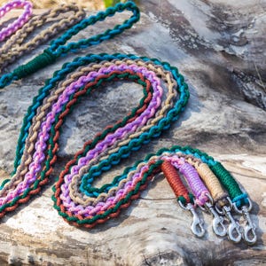 May include: A set of colorful braided dog leashes with silver clips. The leashes are made of different colors of rope, including green, brown, pink, and purple.