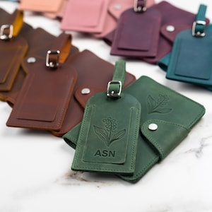 Personalized Leather Passport Holder & Luggage Tag Set with Birth Flower | Travel gift Set for her and him