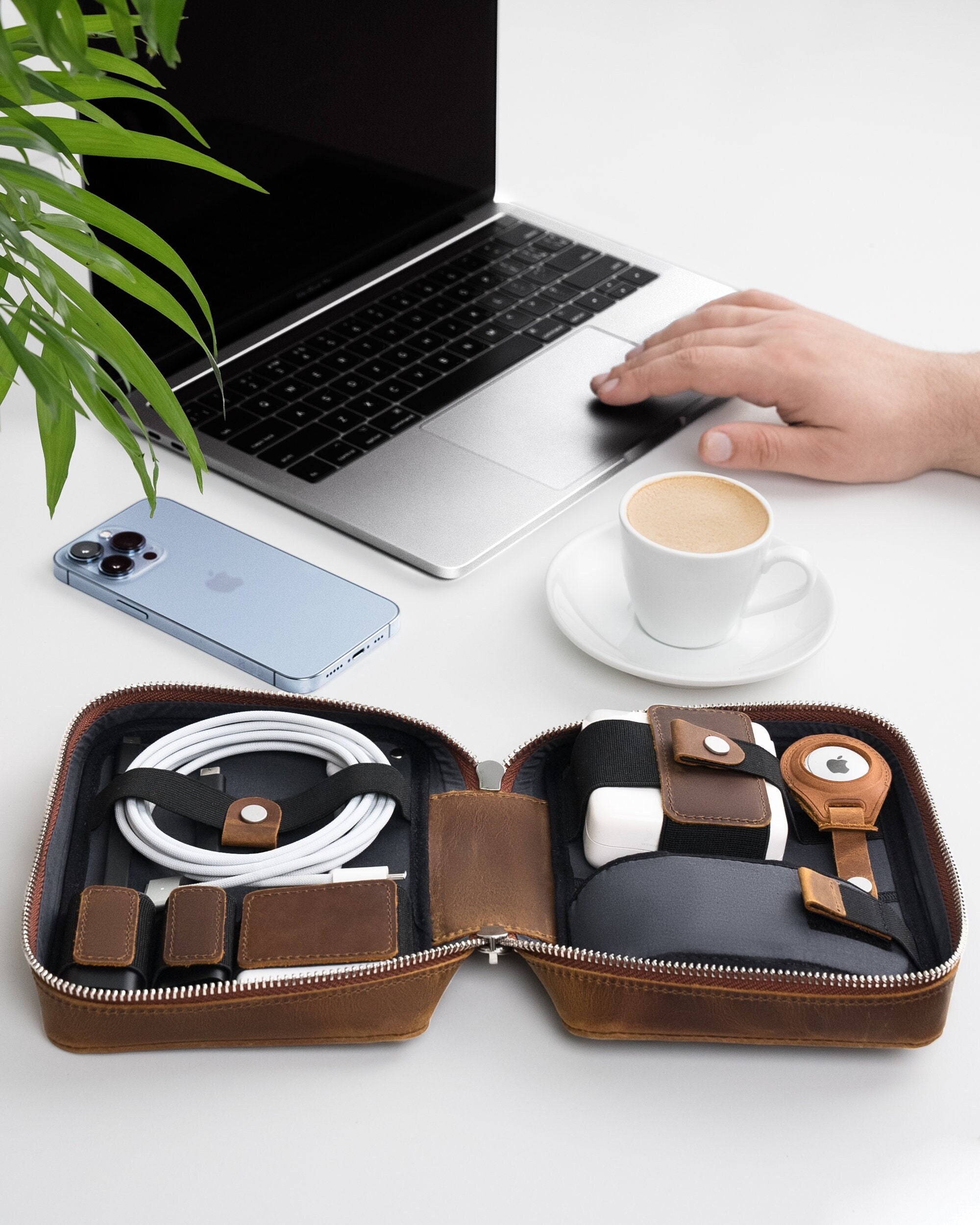 Electronic Travel Case Leather Tech Case AirTag Compatible Electronics  Cable Pouch Electronic Gadgets Organizer Travel Accessories Storage 
