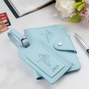 Passport Holder & Luggage Tag set Personalized with Birth Month Flower | Custom leather Passport Cover - Birth Month Gift for Bestie
