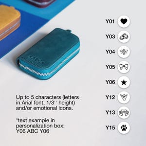 May include: Teal zippered key case with silver zipper and embossed text. The text reads "ABC" with stars on either side. The image also shows a selection of icons, including a heart, rings, a bee, a bow, a star, a hang loose sign, beer mugs, and a paw print.