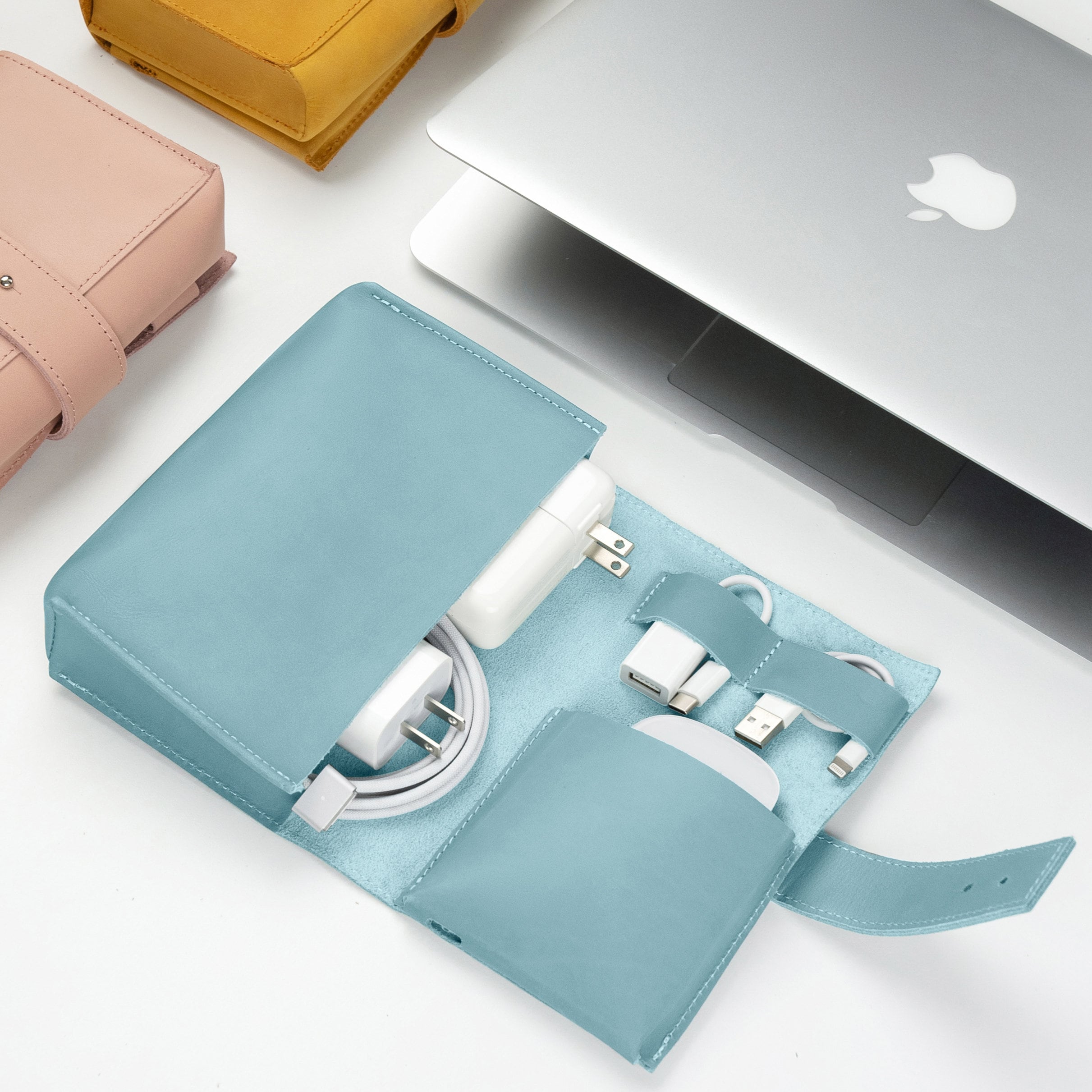 Personalized Name & Birth Flower Travel Cord Organizer, Leather Cable Organizer, Tech Organizer Tech/Digital Accessory Bag Case, Birthday Gift, Gift for Her